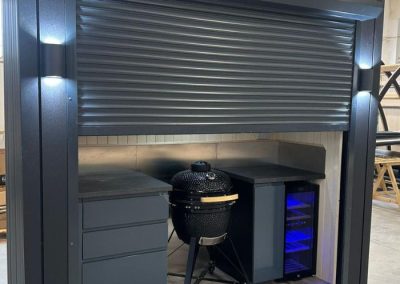 Chaigley Outdoor Kitchen Pod with open roller shutter